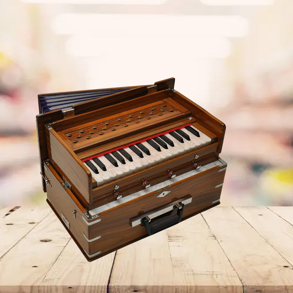 Binas Harmonium Traveler/Hand Pumped Portable/Folding 4 Stops- 5 Main & 4 Drones, 3½ Octaves, Teak Color, Coupler, Gig Bag, Bass-Male Reed - 440 Hz, Suitable for Yoga, Bhajan, Kirtan, etc