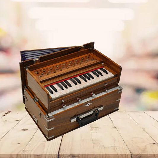 Binas Harmonium Traveler/Hand Pumped Portable/Folding 4 Stops- 5 Main & 4 Drones, 3½ Octaves, Teak Color, Coupler, Gig Bag, Bass-Male Reed - 440 Hz, Suitable for Yoga, Bhajan, Kirtan, etc