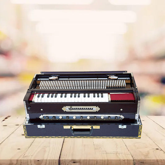 Binas Harmonium Traveler Hand Pumped /Portable/Folding 9 Stops- 5 Main & 4 Drones, 3½ Octaves, Teak Color, Coupler, Gig Bag, Bass-Male Reed - 440 Hz, Suitable for Yoga, Bhajan, Kirtan, etc