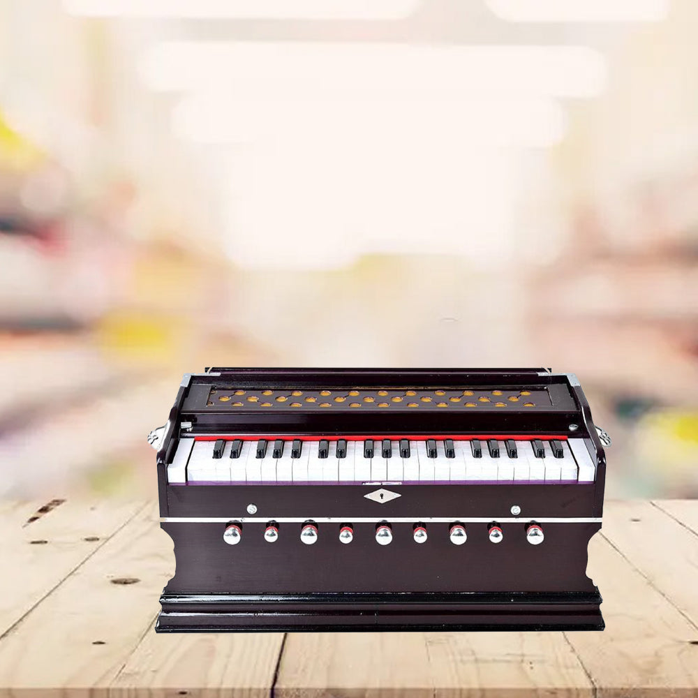 Binas Harmonium Traveler Hand Pumped/Portable/Folding 9 Stops- 5 Main & 4 Drones, 3½ Octaves, Teak Color, Coupler, Gig Bag, Bass-Male Reed - 440 Hz, Suitable for Yoga, Bhajan, Kirtan, etc