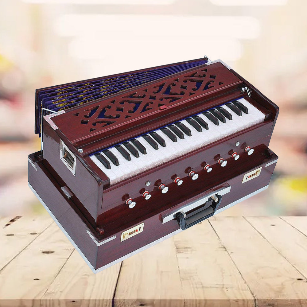Binas Harmonium Traveler/Portable/Folding Type 9 Stops- 5 Main & 4 Drones, 3½ Octaves, Coupler, Dark Cherry Colour, Gig Bag, Bass-Male Reed -440Hz, Suitable for Yoga, Bhajan, Kirtan Hand Pumped