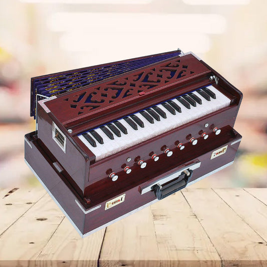 Binas Harmonium Traveler/Portable/Folding Type 9 Stops- 5 Main & 4 Drones, 3½ Octaves, Coupler, Dark Cherry Colour, Gig Bag, Bass-Male Reed -440Hz, Suitable for Yoga, Bhajan, Kirtan Hand Pumped