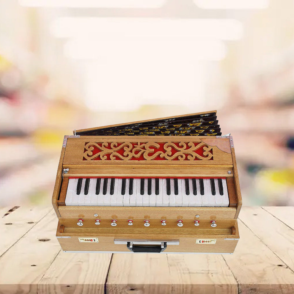 Binas Harmonium Traveler Hand Pumped /Portable/Folding 9 Stops- 5 Main & 4 Drones, 3½ Octaves, Teak Color, Coupler, Gig Bag, Bass-Male Reed - 440 Hz, Suitable for Yoga, Bhajan, Kirtan, etc