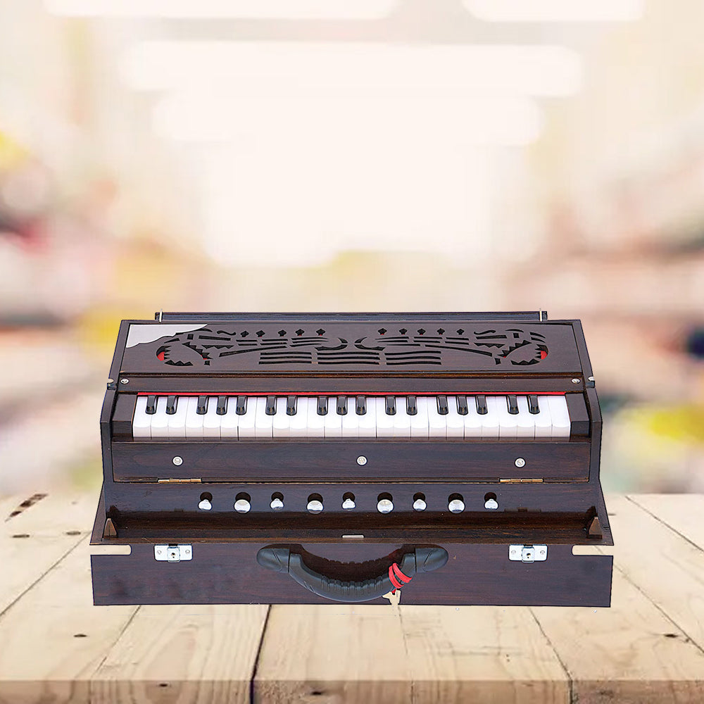 Binas Harmonium Traveler/Portable/Folding 9 Stops- 5 Main & 4 Drones, 3½ Octaves, Teak Color, Coupler, Gig Bag, Bass-Male Reed - 440 Hz, Suitable for Yoga, Bhajan, Kirtan, etc