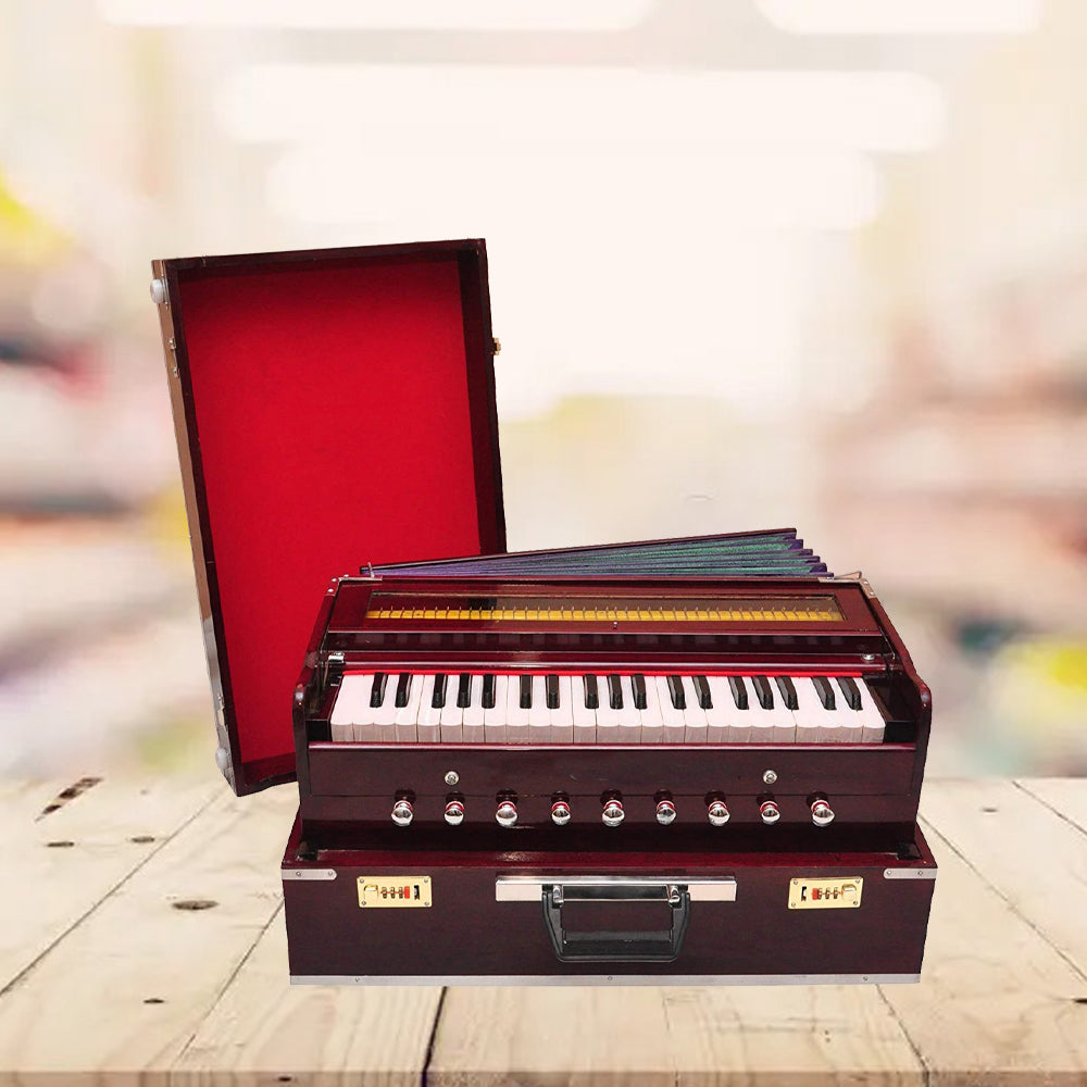 Binas Harmonium Traveler Hand Pumped/Portable/Folding 9 Stops- 5 Main & 4 Drones, 3½ Octaves, Teak Color, Coupler, Gig Bag, Bass-Male Reed - 440 Hz, Suitable for Yoga, Bhajan, Kirtan, etc