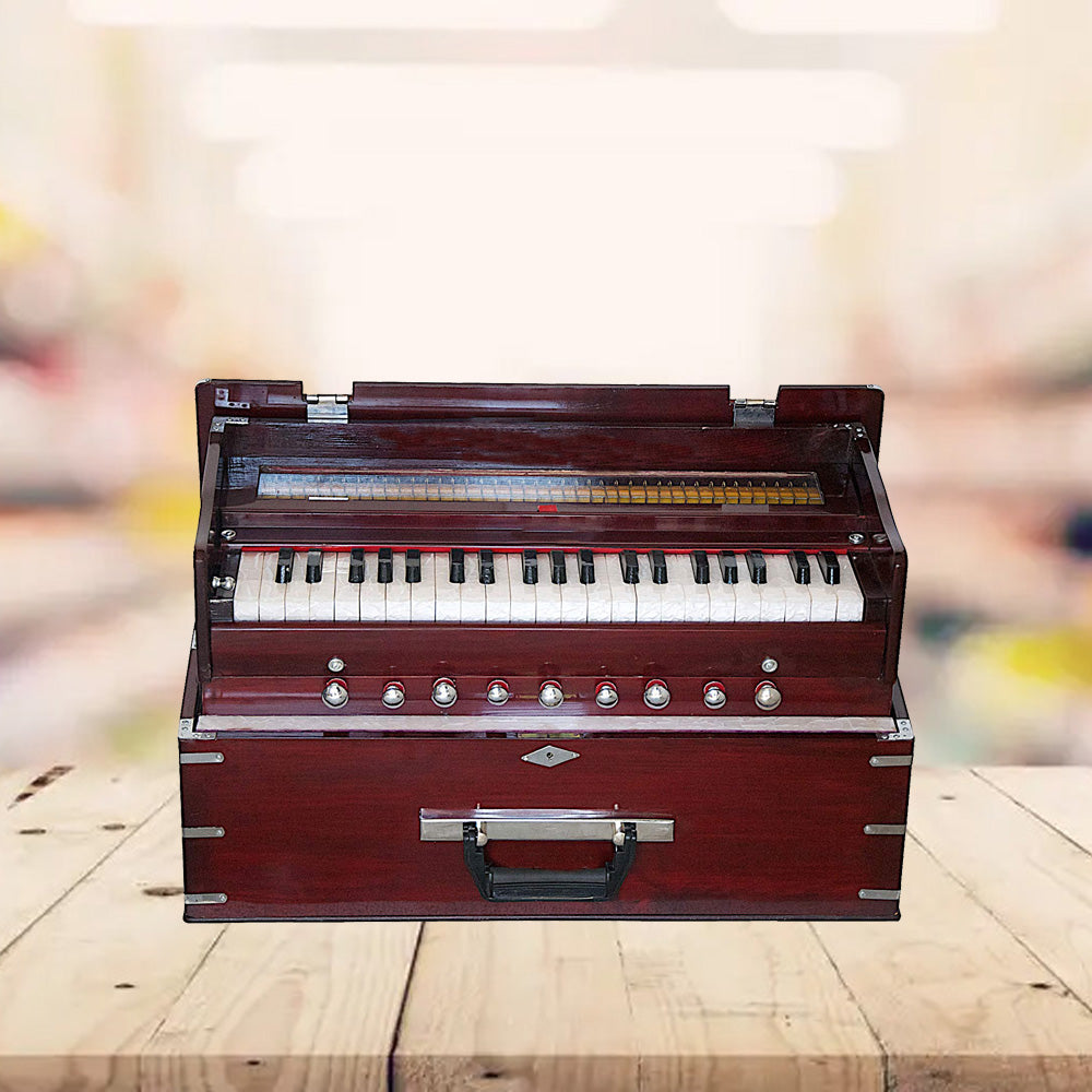Binas Harmonium Traveler Hand Pumped/Portable/Folding 9 Stops- 5 Main & 4 Drones, 3½ Octaves, Teak Color, Coupler, Gig Bag, Bass-Male Reed - 440 Hz, Suitable for Yoga, Bhajan, Kirtan, etc