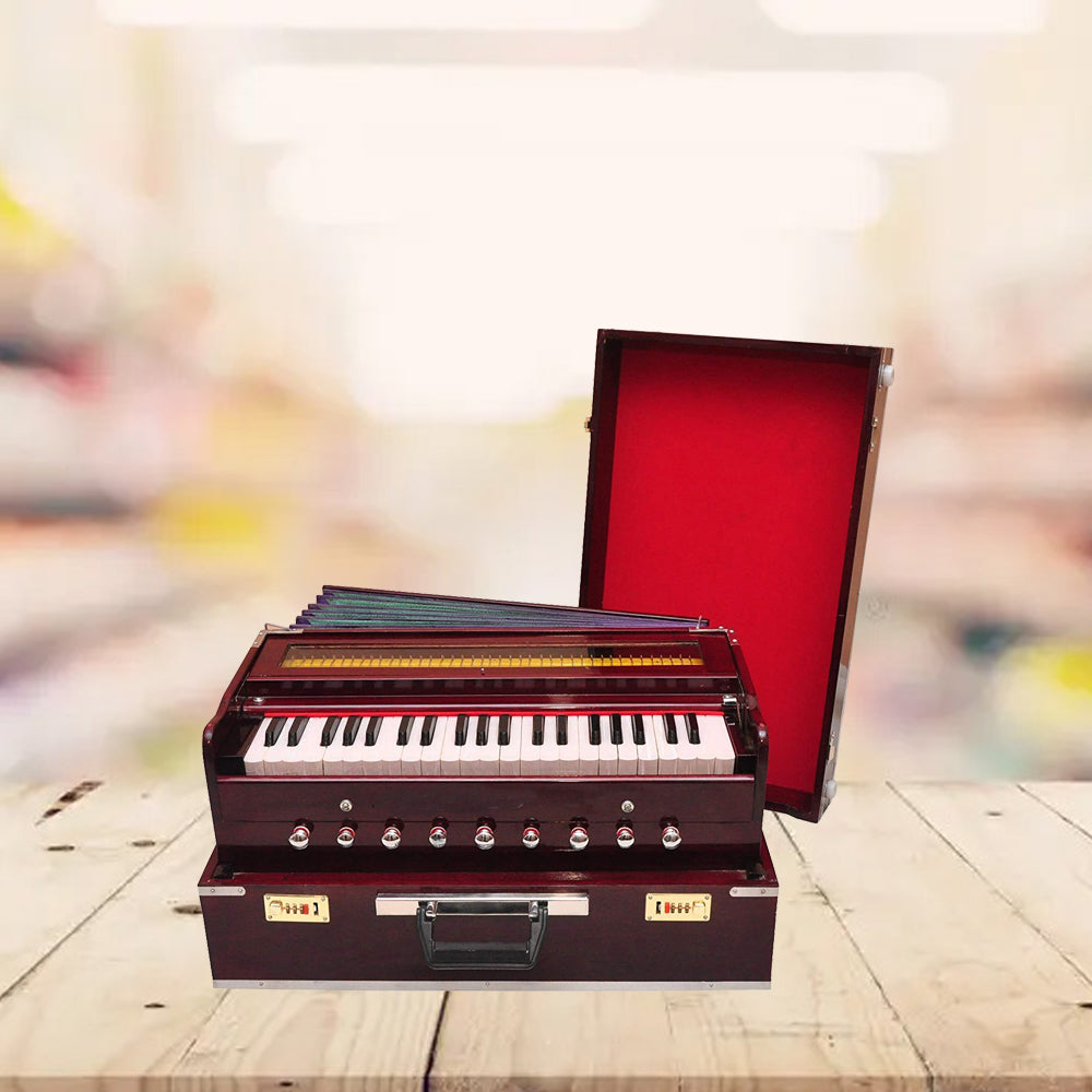 Binas Harmonium Traveler Hand Pumped/Portable/Folding 9 Stops- 5 Main & 4 Drones, 3½ Octaves, Teak Color, Coupler, Gig Bag, Bass-Male Reed - 440 Hz, Suitable for Yoga, Bhajan, Kirtan, etc