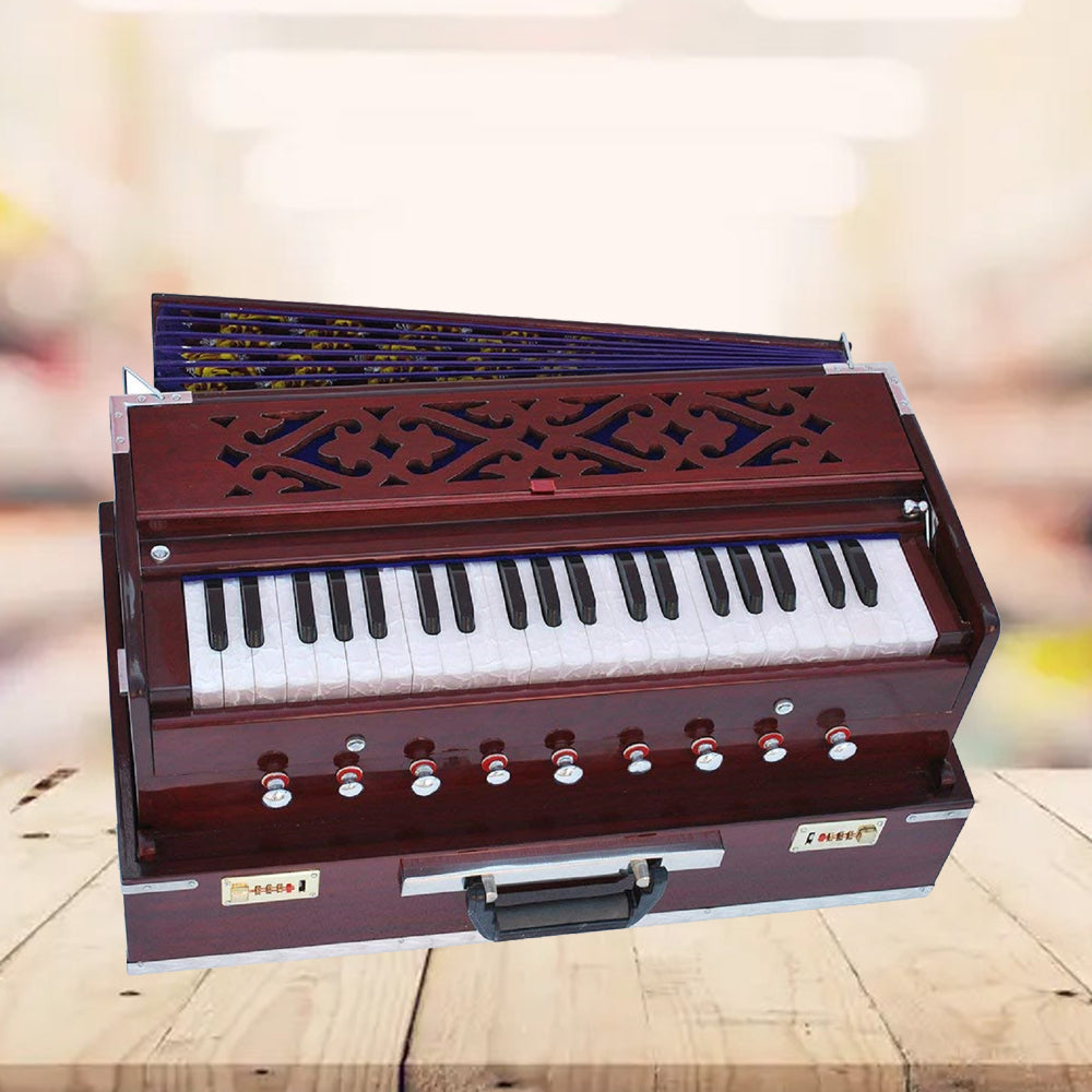 Binas Harmonium Traveler/Portable/Folding Type 9 Stops- 5 Main & 4 Drones, 3½ Octaves, Coupler, Dark Cherry Colour, Gig Bag, Bass-Male Reed -440Hz, Suitable for Yoga, Bhajan, Kirtan Hand Pumped