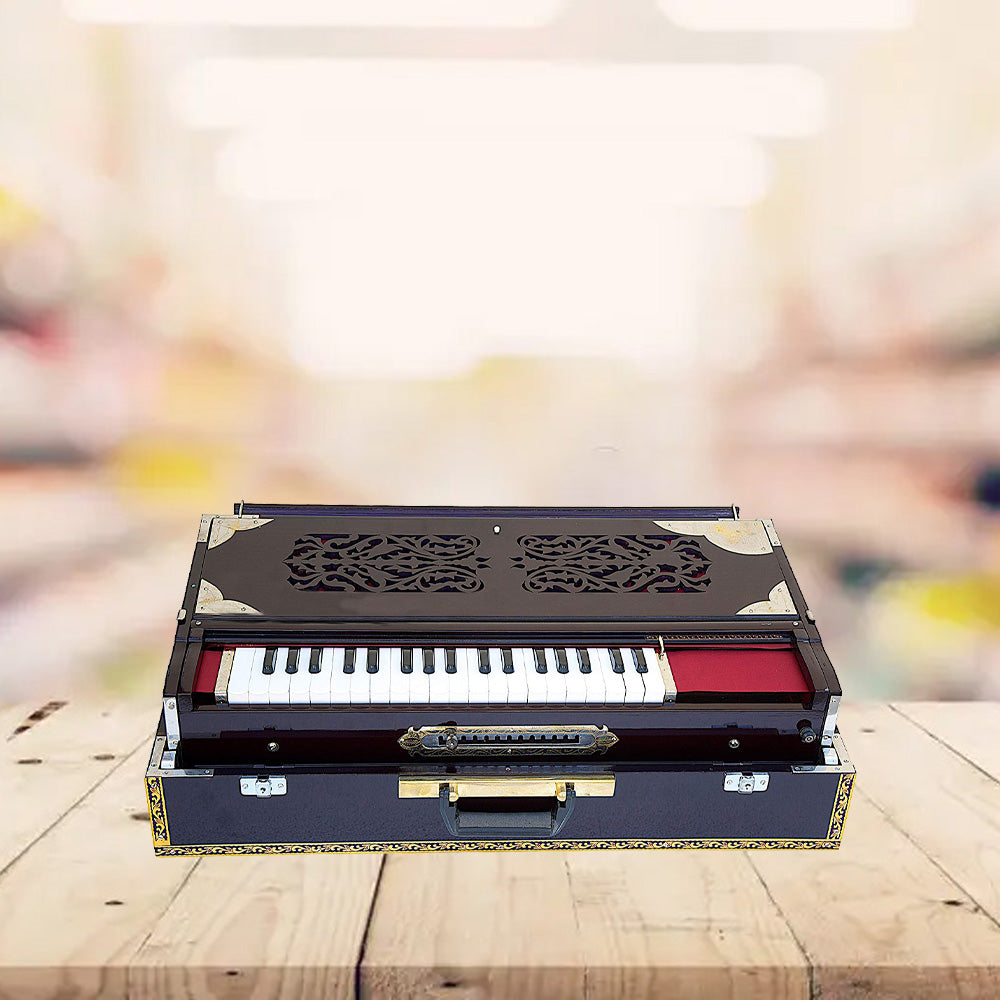 Binas Harmonium Traveler Hand Pumped /Portable/Folding 9 Stops- 5 Main & 4 Drones, 3½ Octaves, Teak Color, Coupler, Gig Bag, Bass-Male Reed - 440 Hz, Suitable for Yoga, Bhajan, Kirtan, etc