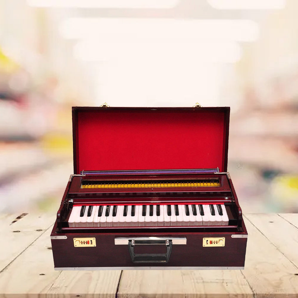 Binas Harmonium Traveler Hand Pumped/Portable/Folding 9 Stops- 5 Main & 4 Drones, 3½ Octaves, Teak Color, Coupler, Gig Bag, Bass-Male Reed - 440 Hz, Suitable for Yoga, Bhajan, Kirtan, etc