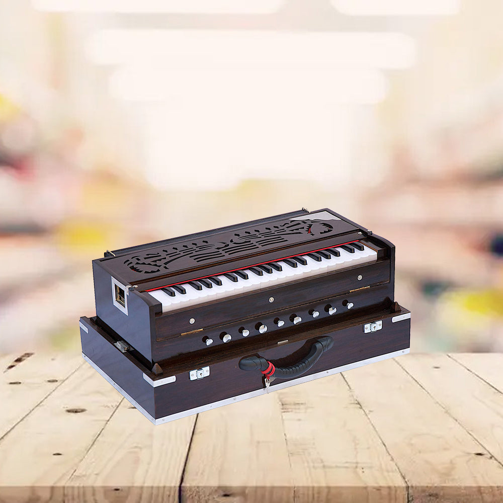 Binas Harmonium Traveler/Portable/Folding 9 Stops- 5 Main & 4 Drones, 3½ Octaves, Teak Color, Coupler, Gig Bag, Bass-Male Reed - 440 Hz, Suitable for Yoga, Bhajan, Kirtan, etc