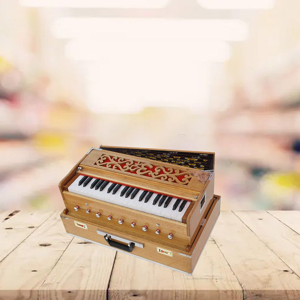 Binas Harmonium Traveler Hand Pumped /Portable/Folding 9 Stops- 5 Main & 4 Drones, 3½ Octaves, Teak Color, Coupler, Gig Bag, Bass-Male Reed - 440 Hz, Suitable for Yoga, Bhajan, Kirtan, etc