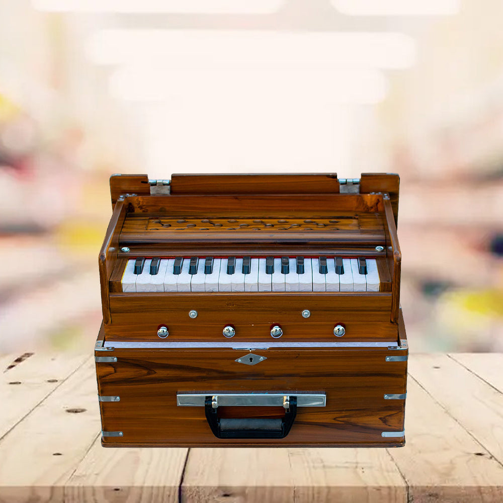 Binas Harmonium Traveler/Portable/Folding 9 Stops- 5 Main & 4 Drones, 3½ Octaves, Teak Color, Coupler, Gig Bag, Bass-Male Reed - 440 Hz, Suitable for Yoga, Bhajan, Kirtan, etc