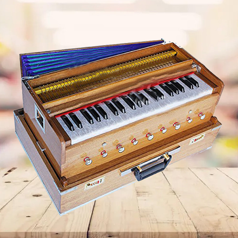 Binas Harmonium Traveler/Hand Pumped Portable/Folding 9 Stops- 5 Main & 4 Drones, 3½ Octaves, Teak Color, Coupler, Gig Bag, Bass-Male Reed - 440 Hz, Suitable for Yoga, Bhajan, Kirtan, etc