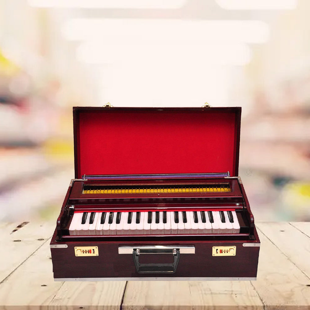 Binas Harmonium Traveler Hand Pumped/Portable/Folding 9 Stops- 5 Main & 4 Drones, 3½ Octaves, Teak Color, Coupler, Gig Bag, Bass-Male Reed - 440 Hz, Suitable for Yoga, Bhajan, Kirtan, etc