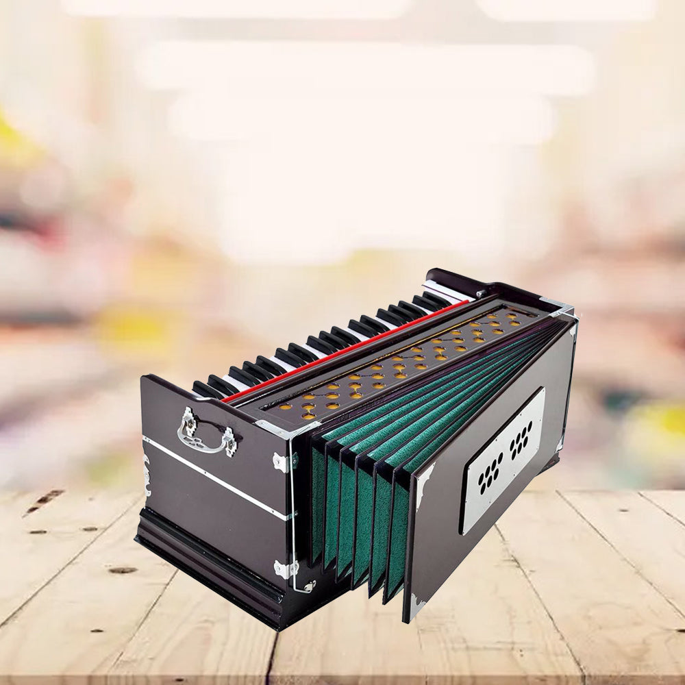 Binas Harmonium Traveler Hand Pumped/Portable/Folding 9 Stops- 5 Main & 4 Drones, 3½ Octaves, Teak Color, Coupler, Gig Bag, Bass-Male Reed - 440 Hz, Suitable for Yoga, Bhajan, Kirtan, etc