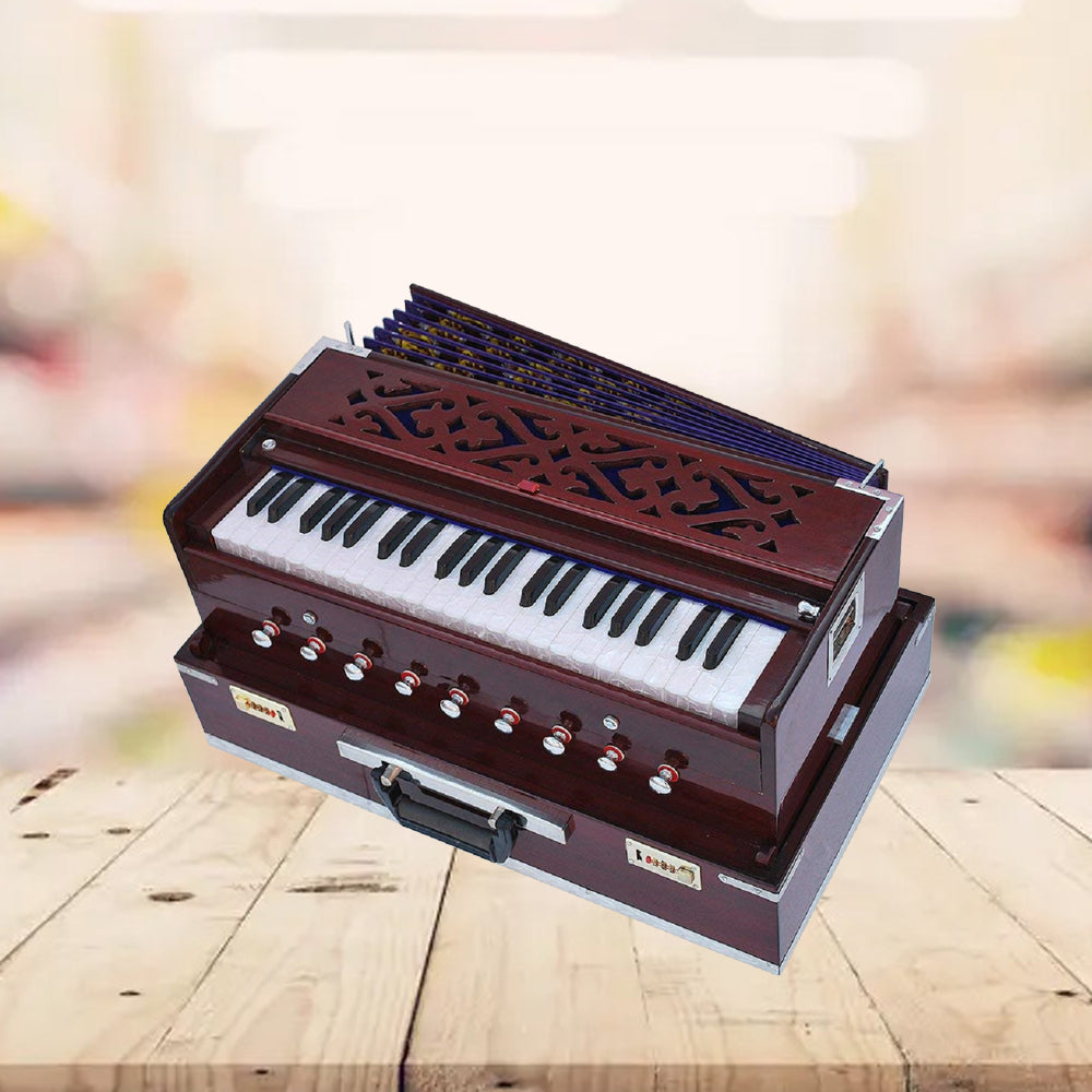 Binas Harmonium Traveler/Portable/Folding Type 9 Stops- 5 Main & 4 Drones, 3½ Octaves, Coupler, Dark Cherry Colour, Gig Bag, Bass-Male Reed -440Hz, Suitable for Yoga, Bhajan, Kirtan Hand Pumped
