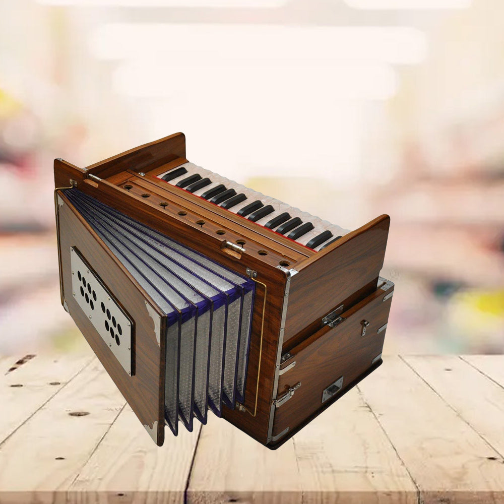 Binas Harmonium Traveler/Hand Pumped Portable/Folding 4 Stops- 5 Main & 4 Drones, 3½ Octaves, Teak Color, Coupler, Gig Bag, Bass-Male Reed - 440 Hz, Suitable for Yoga, Bhajan, Kirtan, etc