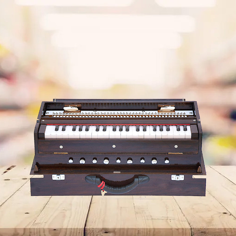 Binas Harmonium Traveler/Portable/Folding 9 Stops- 5 Main & 4 Drones, 3½ Octaves, Teak Color, Coupler, Gig Bag, Bass-Male Reed - 440 Hz, Suitable for Yoga, Bhajan, Kirtan, etc