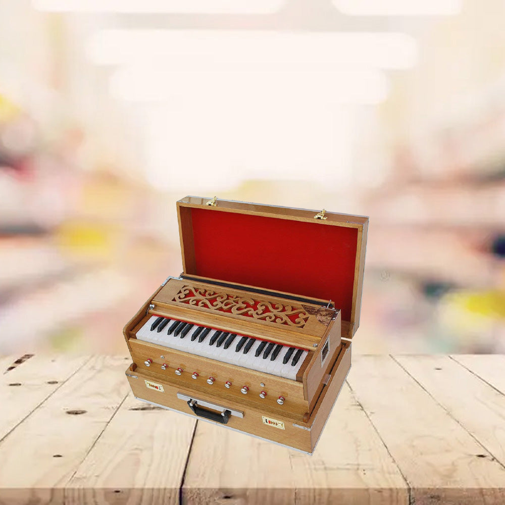 Binas Harmonium Traveler Hand Pumped /Portable/Folding 9 Stops- 5 Main & 4 Drones, 3½ Octaves, Teak Color, Coupler, Gig Bag, Bass-Male Reed - 440 Hz, Suitable for Yoga, Bhajan, Kirtan, etc