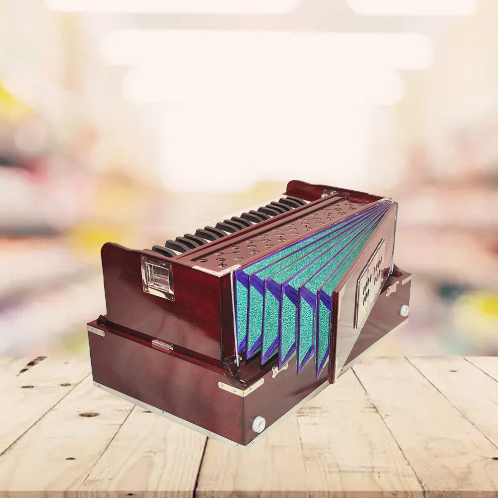 Binas Harmonium Traveler Hand Pumped/Portable/Folding 9 Stops- 5 Main & 4 Drones, 3½ Octaves, Teak Color, Coupler, Gig Bag, Bass-Male Reed - 440 Hz, Suitable for Yoga, Bhajan, Kirtan, etc