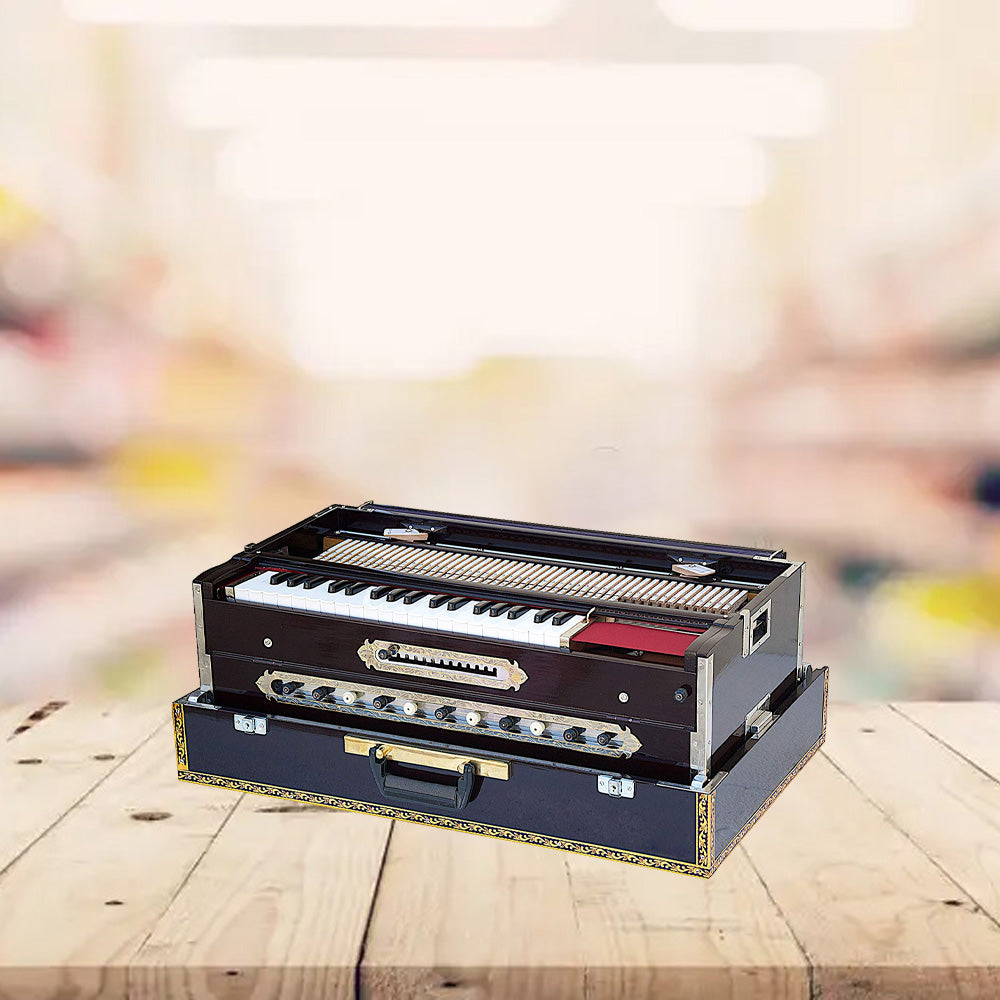 Binas Harmonium Traveler Hand Pumped /Portable/Folding 9 Stops- 5 Main & 4 Drones, 3½ Octaves, Teak Color, Coupler, Gig Bag, Bass-Male Reed - 440 Hz, Suitable for Yoga, Bhajan, Kirtan, etc