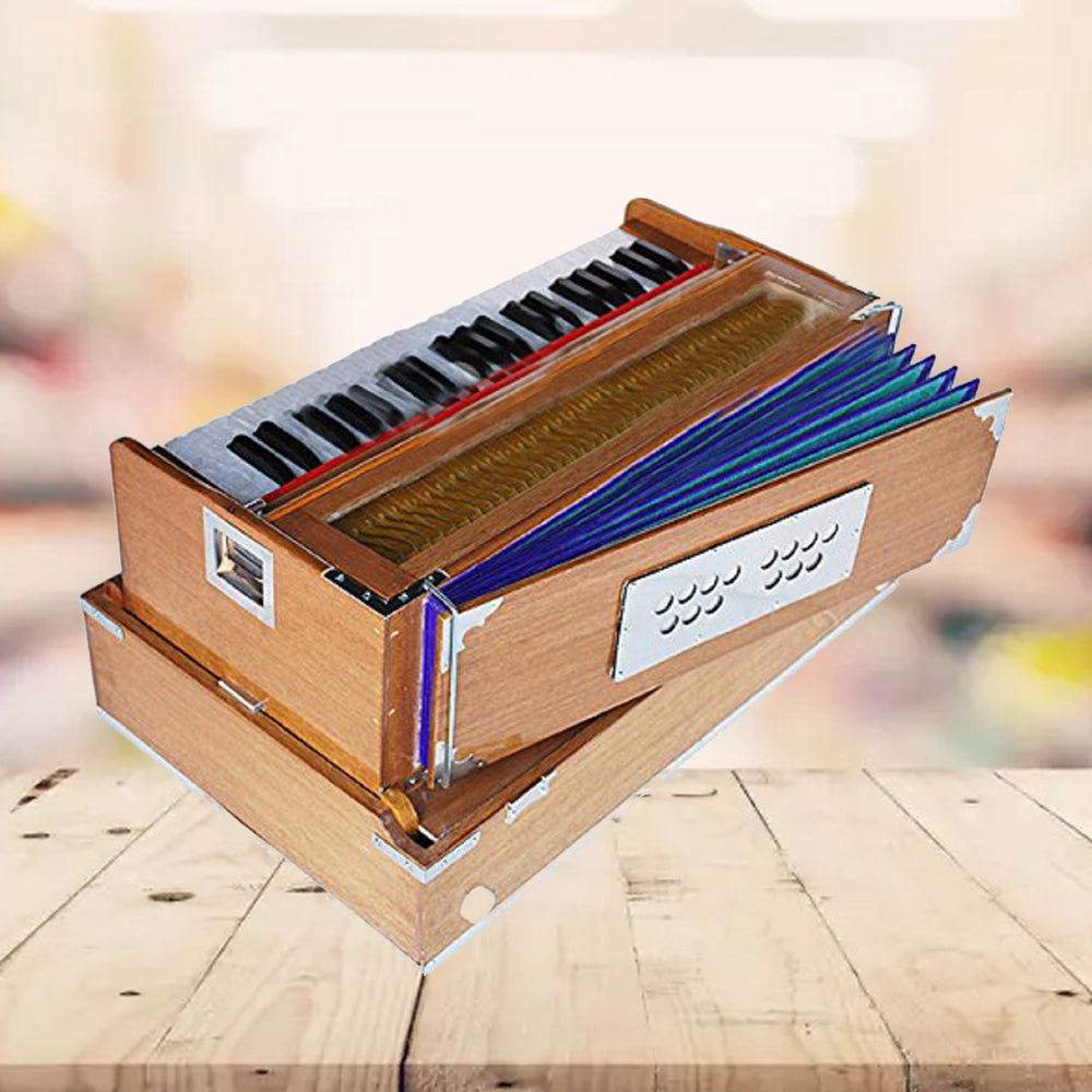 Binas Harmonium Traveler/Hand Pumped Portable/Folding 9 Stops- 5 Main & 4 Drones, 3½ Octaves, Teak Color, Coupler, Gig Bag, Bass-Male Reed - 440 Hz, Suitable for Yoga, Bhajan, Kirtan, etc