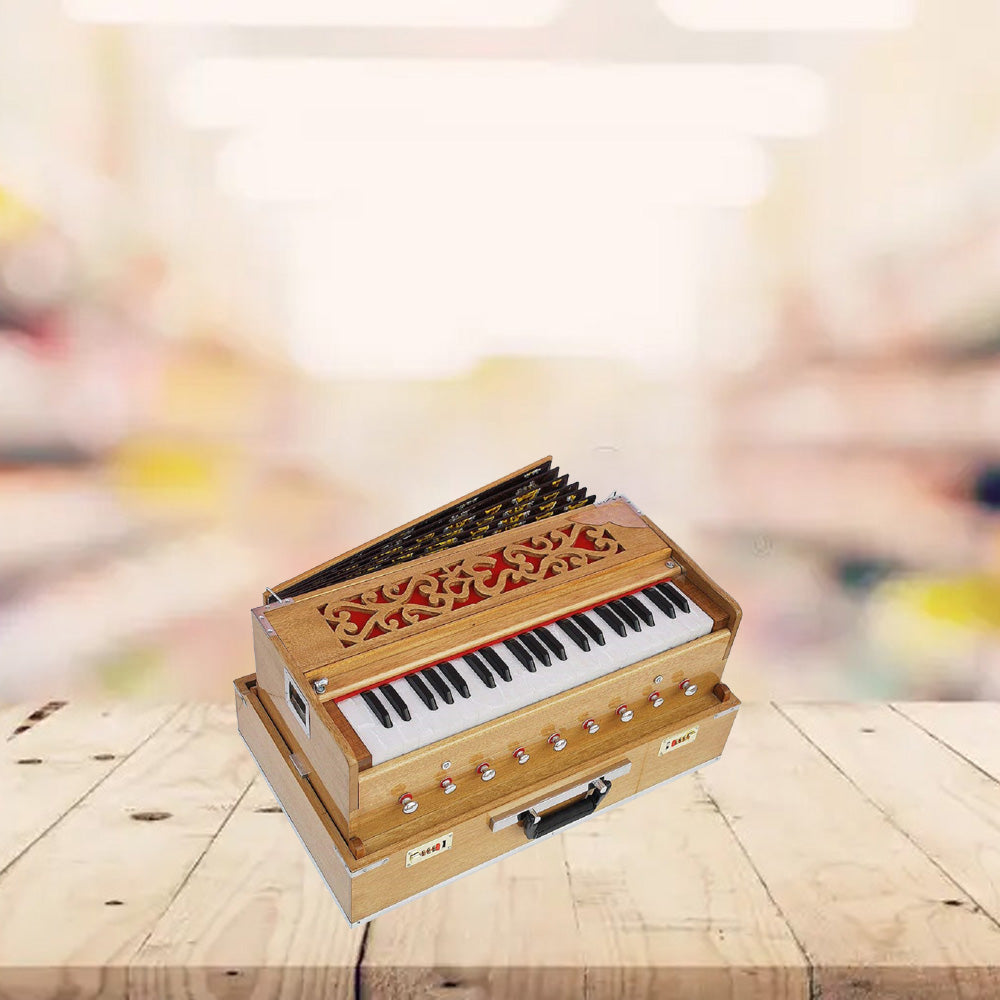 Binas Harmonium Traveler Hand Pumped /Portable/Folding 9 Stops- 5 Main & 4 Drones, 3½ Octaves, Teak Color, Coupler, Gig Bag, Bass-Male Reed - 440 Hz, Suitable for Yoga, Bhajan, Kirtan, etc
