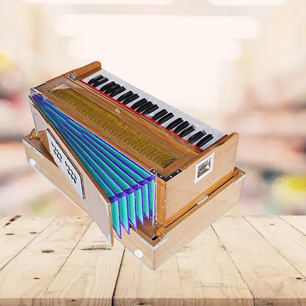 Binas Harmonium Traveler/Hand Pumped Portable/Folding 9 Stops- 5 Main & 4 Drones, 3½ Octaves, Teak Color, Coupler, Gig Bag, Bass-Male Reed - 440 Hz, Suitable for Yoga, Bhajan, Kirtan, etc