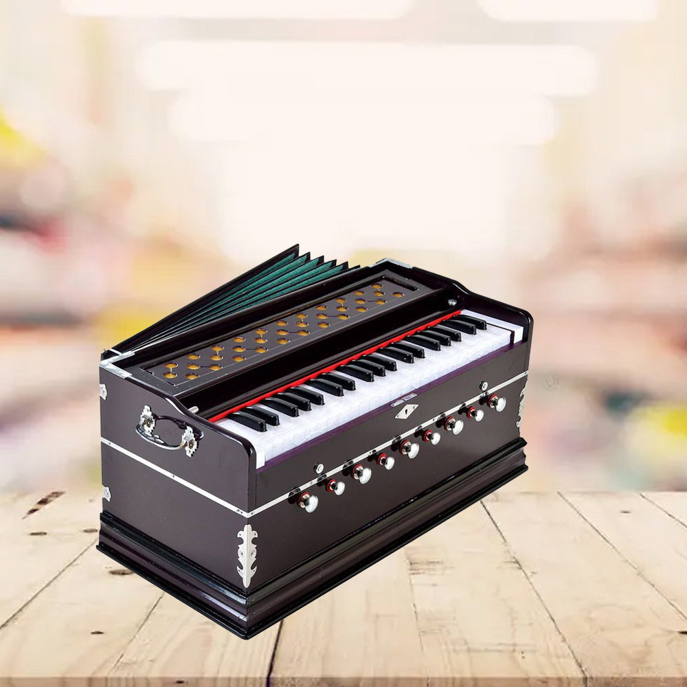 Binas Harmonium Traveler Hand Pumped/Portable/Folding 9 Stops- 5 Main & 4 Drones, 3½ Octaves, Teak Color, Coupler, Gig Bag, Bass-Male Reed - 440 Hz, Suitable for Yoga, Bhajan, Kirtan, etc