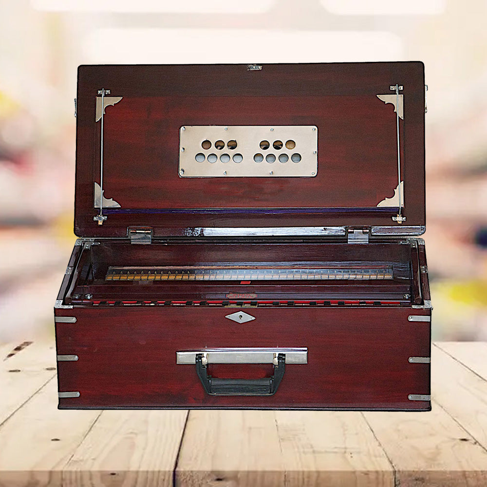 Binas Harmonium Traveler Hand Pumped/Portable/Folding 9 Stops- 5 Main & 4 Drones, 3½ Octaves, Teak Color, Coupler, Gig Bag, Bass-Male Reed - 440 Hz, Suitable for Yoga, Bhajan, Kirtan, etc