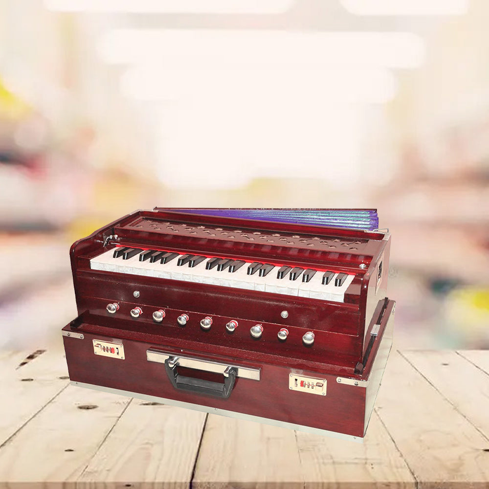 Binas Harmonium Traveler Hand Pumped/Portable/Folding 9 Stops- 5 Main & 4 Drones, 3½ Octaves, Teak Color, Coupler, Gig Bag, Bass-Male Reed - 440 Hz, Suitable for Yoga, Bhajan, Kirtan, etc