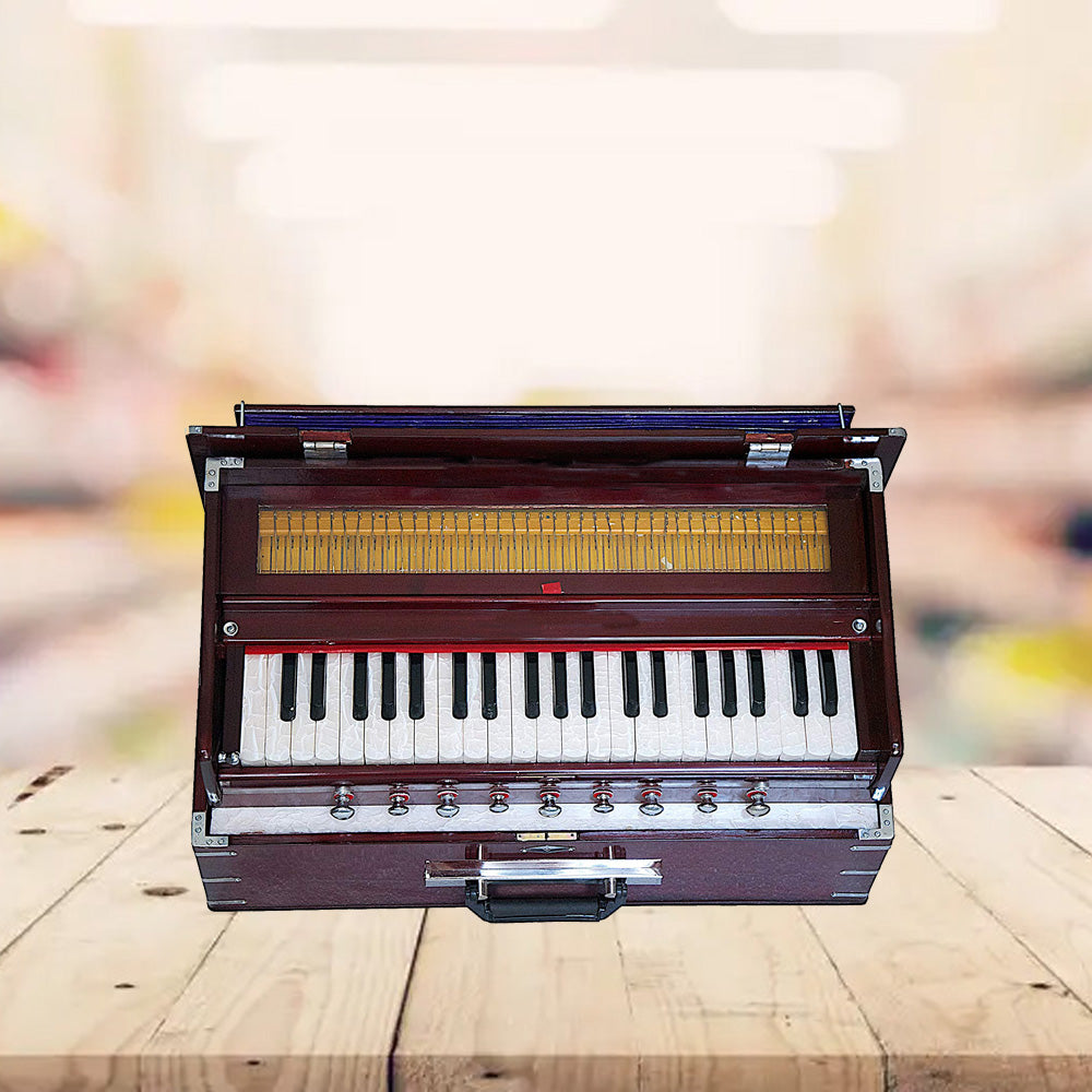 Binas Harmonium Traveler Hand Pumped/Portable/Folding 9 Stops- 5 Main & 4 Drones, 3½ Octaves, Teak Color, Coupler, Gig Bag, Bass-Male Reed - 440 Hz, Suitable for Yoga, Bhajan, Kirtan, etc