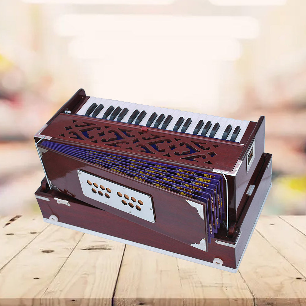 Binas Harmonium Traveler/Portable/Folding Type 9 Stops- 5 Main & 4 Drones, 3½ Octaves, Coupler, Dark Cherry Colour, Gig Bag, Bass-Male Reed -440Hz, Suitable for Yoga, Bhajan, Kirtan Hand Pumped