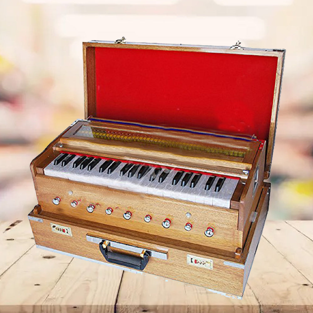 Binas Harmonium Traveler/Hand Pumped Portable/Folding 9 Stops- 5 Main & 4 Drones, 3½ Octaves, Teak Color, Coupler, Gig Bag, Bass-Male Reed - 440 Hz, Suitable for Yoga, Bhajan, Kirtan, etc