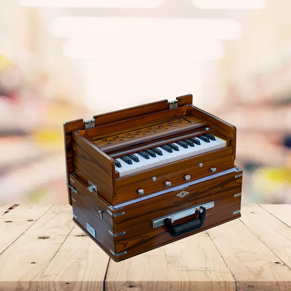 Binas Harmonium Traveler/Portable/Folding 9 Stops- 5 Main & 4 Drones, 3½ Octaves, Teak Color, Coupler, Gig Bag, Bass-Male Reed - 440 Hz, Suitable for Yoga, Bhajan, Kirtan, etc