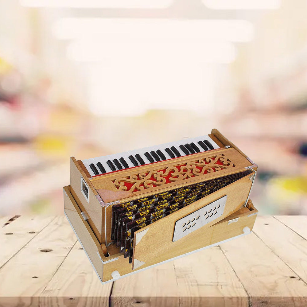 Binas Harmonium Traveler Hand Pumped /Portable/Folding 9 Stops- 5 Main & 4 Drones, 3½ Octaves, Teak Color, Coupler, Gig Bag, Bass-Male Reed - 440 Hz, Suitable for Yoga, Bhajan, Kirtan, etc