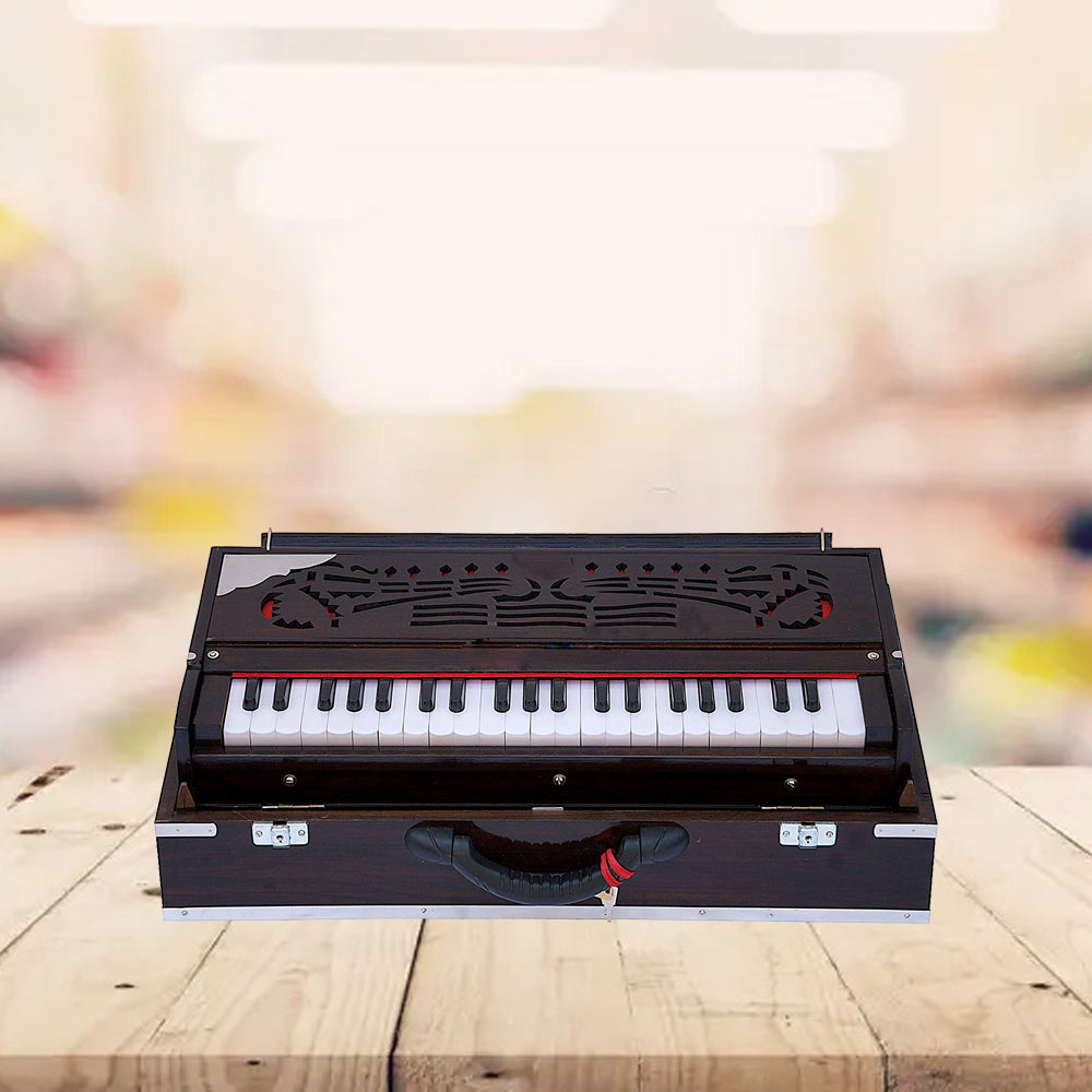 Binas Harmonium Traveler/Portable/Folding 9 Stops- 5 Main & 4 Drones, 3½ Octaves, Teak Color, Coupler, Gig Bag, Bass-Male Reed - 440 Hz, Suitable for Yoga, Bhajan, Kirtan, etc