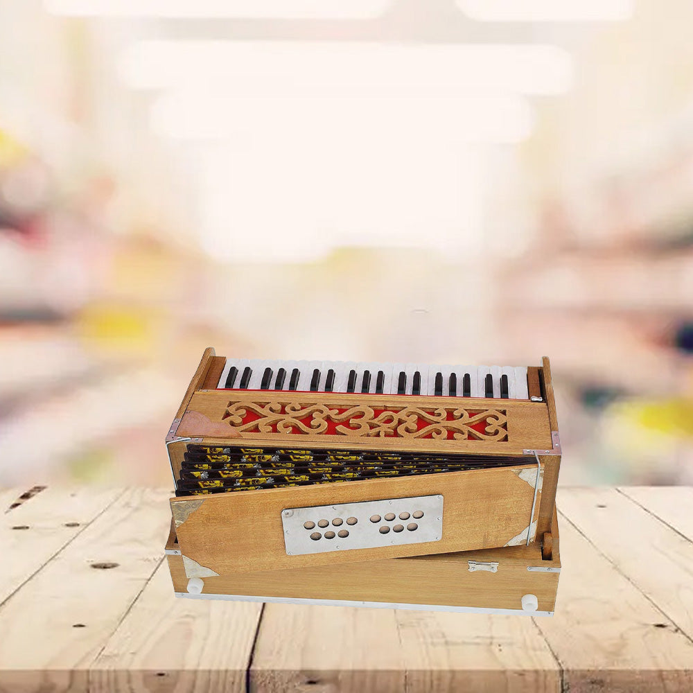 Binas Harmonium Traveler Hand Pumped /Portable/Folding 9 Stops- 5 Main & 4 Drones, 3½ Octaves, Teak Color, Coupler, Gig Bag, Bass-Male Reed - 440 Hz, Suitable for Yoga, Bhajan, Kirtan, etc