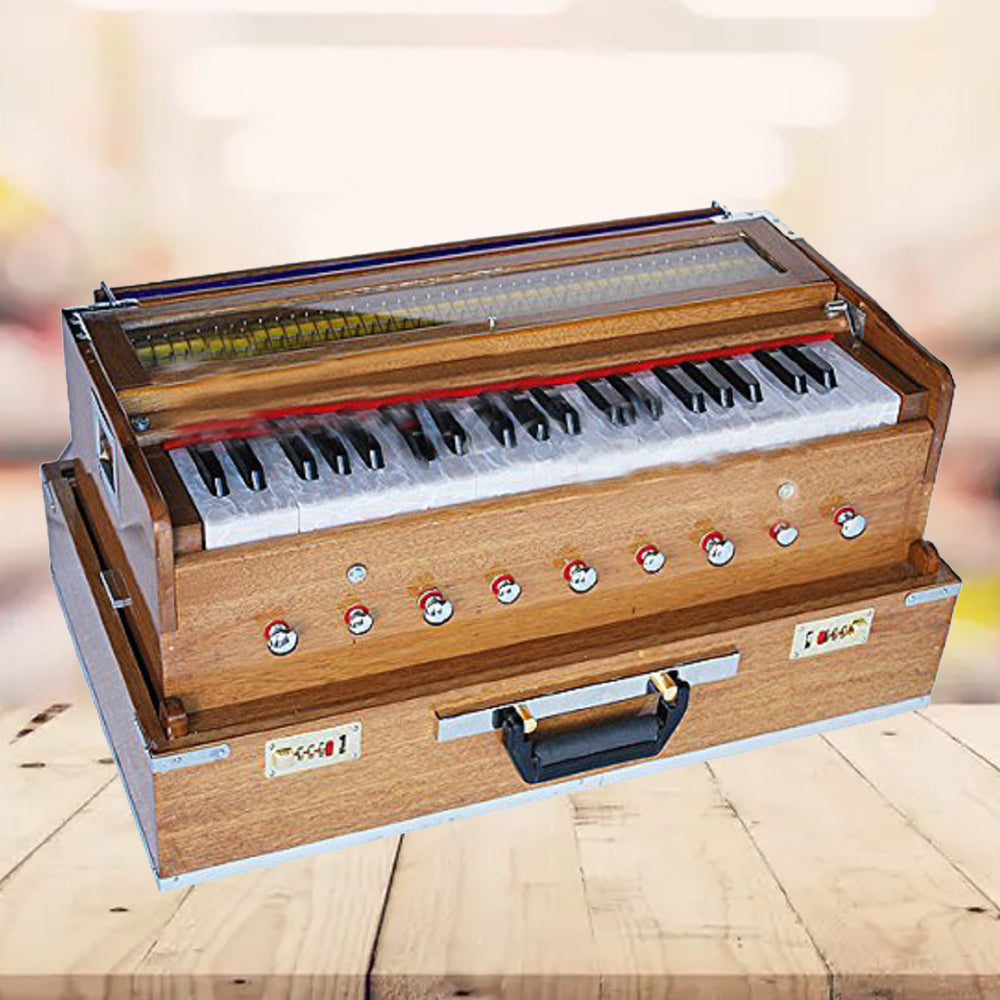Binas Harmonium Traveler/Hand Pumped Portable/Folding 9 Stops- 5 Main & 4 Drones, 3½ Octaves, Teak Color, Coupler, Gig Bag, Bass-Male Reed - 440 Hz, Suitable for Yoga, Bhajan, Kirtan, etc