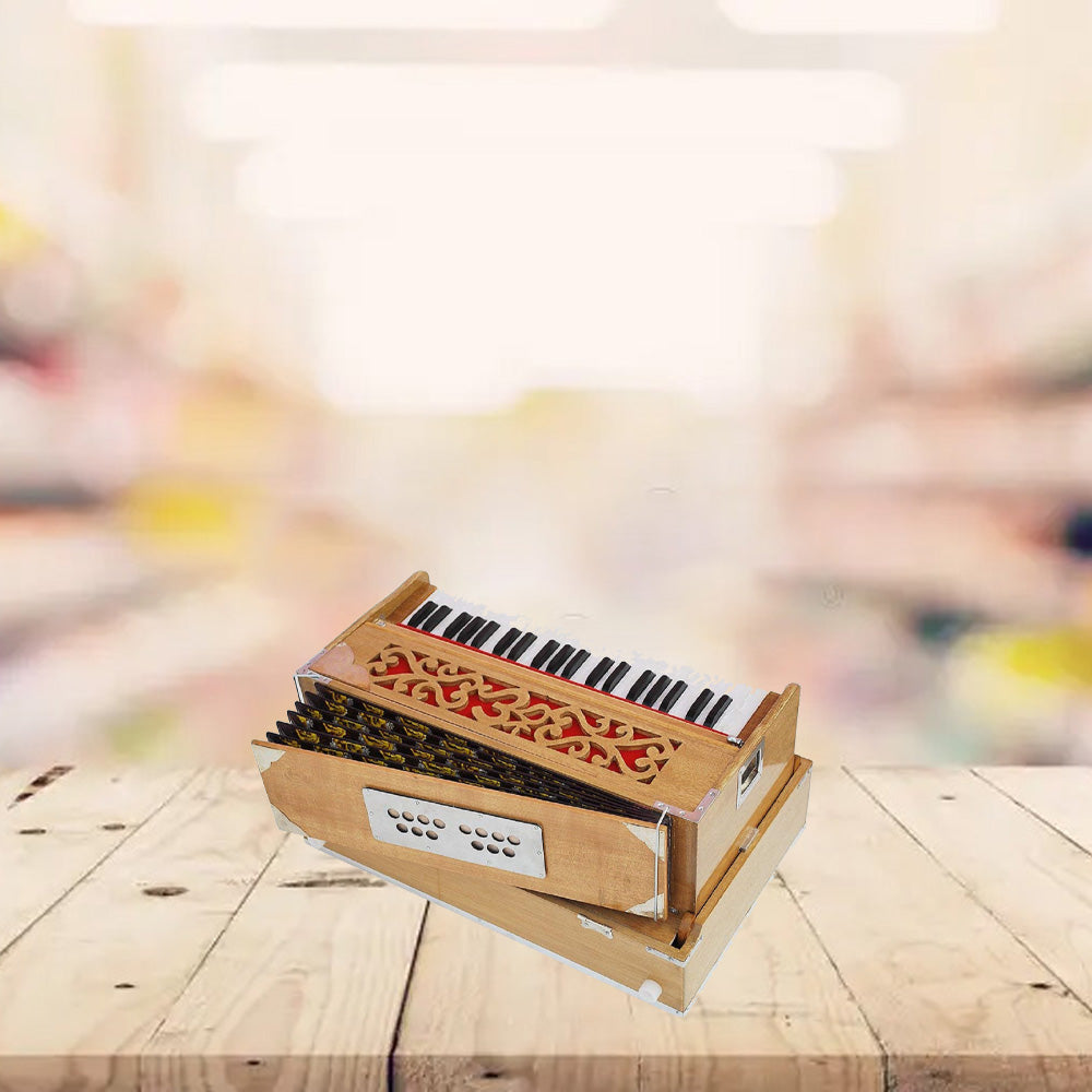 Binas Harmonium Traveler Hand Pumped /Portable/Folding 9 Stops- 5 Main & 4 Drones, 3½ Octaves, Teak Color, Coupler, Gig Bag, Bass-Male Reed - 440 Hz, Suitable for Yoga, Bhajan, Kirtan, etc