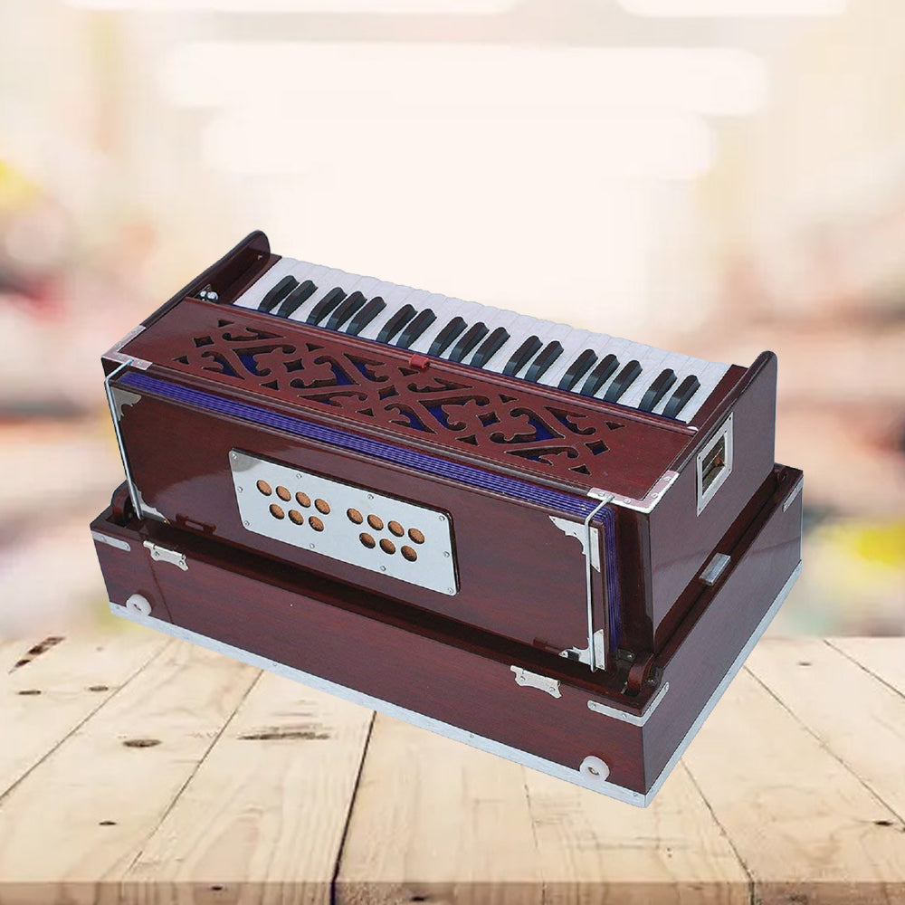 Binas Harmonium Traveler/Portable/Folding Type 9 Stops- 5 Main & 4 Drones, 3½ Octaves, Coupler, Dark Cherry Colour, Gig Bag, Bass-Male Reed -440Hz, Suitable for Yoga, Bhajan, Kirtan Hand Pumped