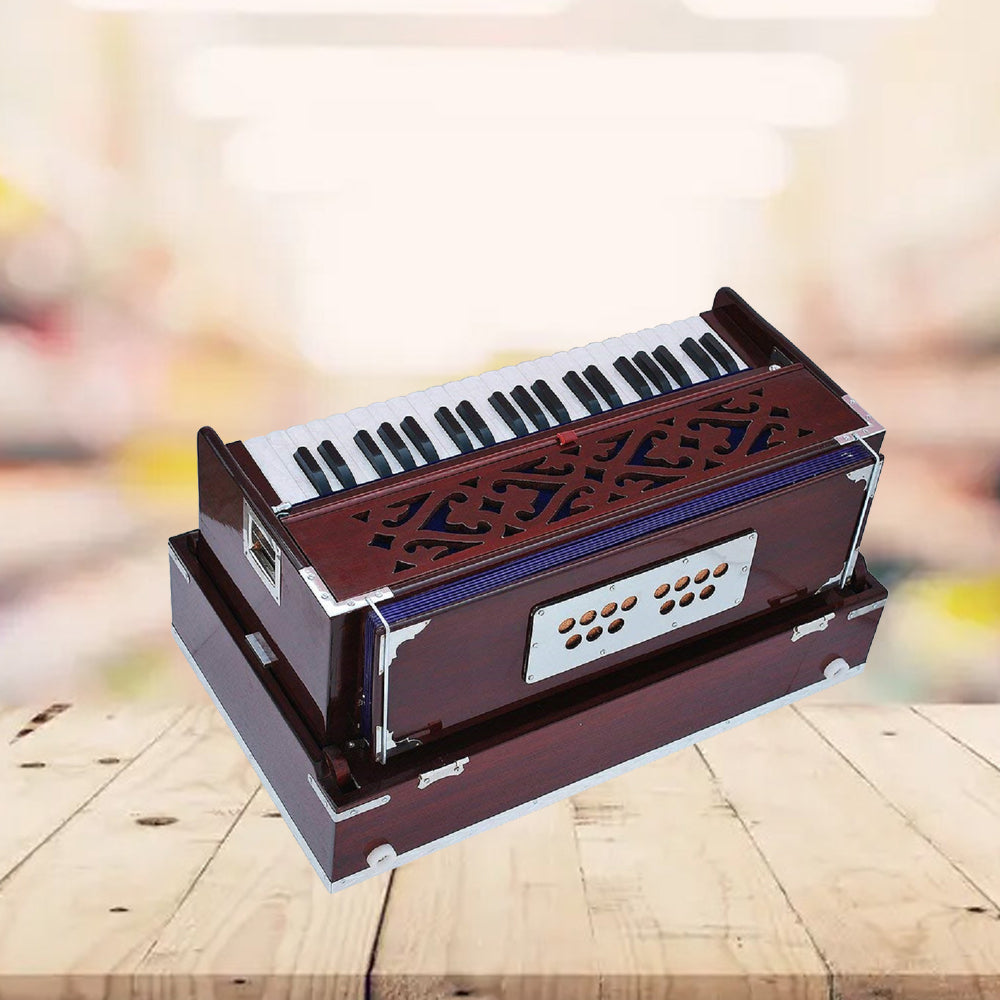Binas Harmonium Traveler/Portable/Folding Type 9 Stops- 5 Main & 4 Drones, 3½ Octaves, Coupler, Dark Cherry Colour, Gig Bag, Bass-Male Reed -440Hz, Suitable for Yoga, Bhajan, Kirtan Hand Pumped